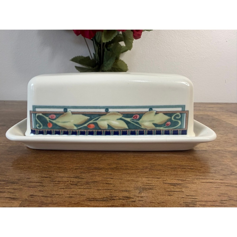 Pfaltzgraff Forest Covered Butter Dish Vintage Stoneware Green Blue Farmhouse